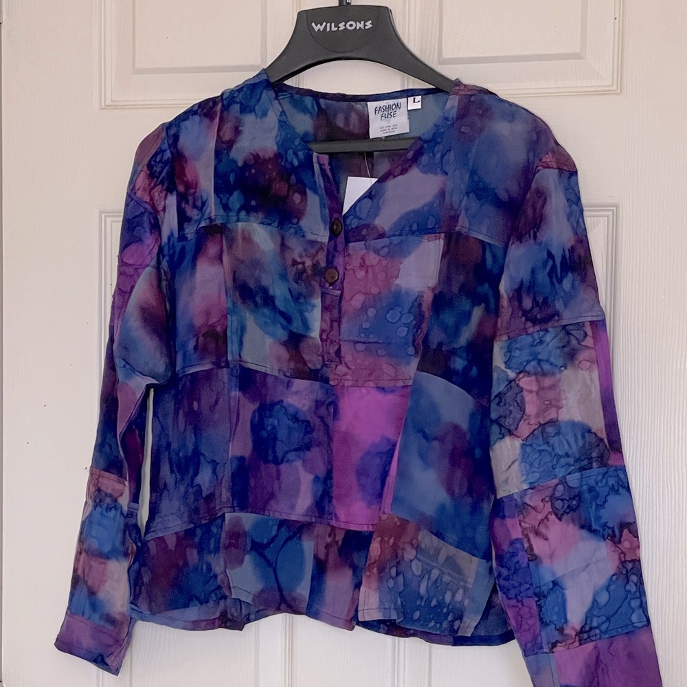 NWT 100% Silk Pink & Purple Patchwork Style Top Size Large